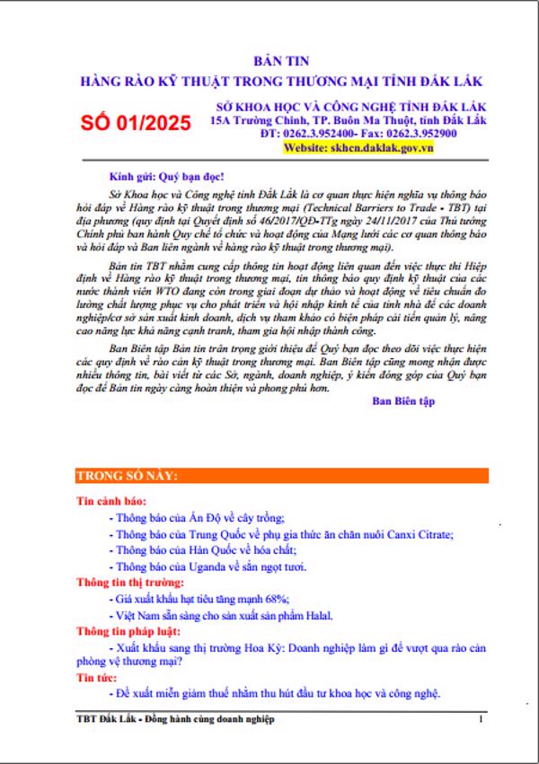 Bản tin hàng rào kỹ thuật trong thương mại tỉnh Đắk Lắk số 01/2025
