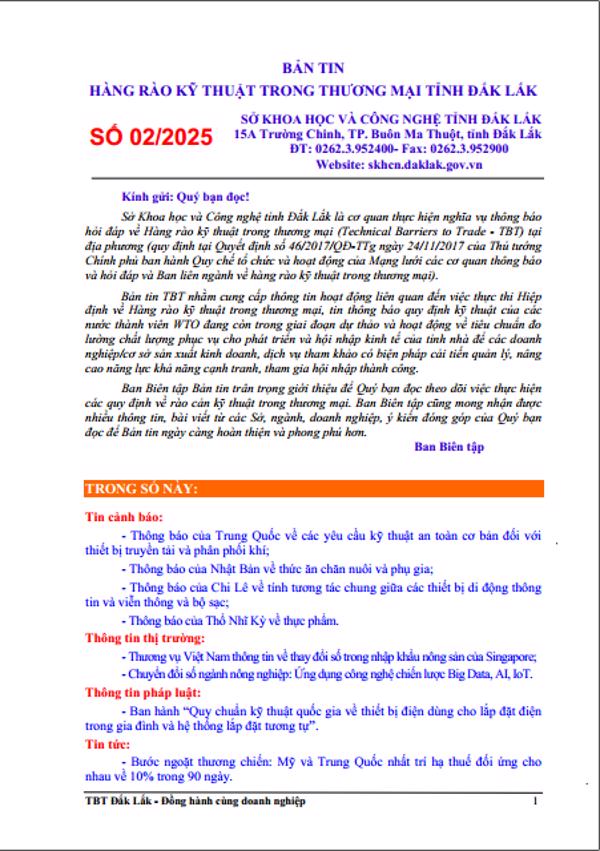 Bản tin hàng rào kỹ thuật trong thương mại tỉnh Đắk Lắk số 02/2025