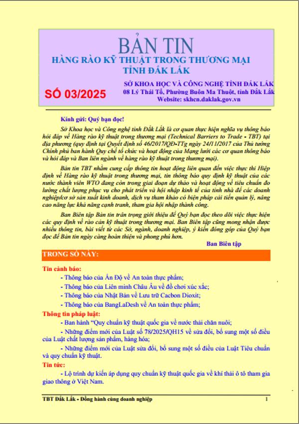 Bản tin Hàng rào kỹ thuật trong thương mại tỉnh Đắk Lắk số 03/2025